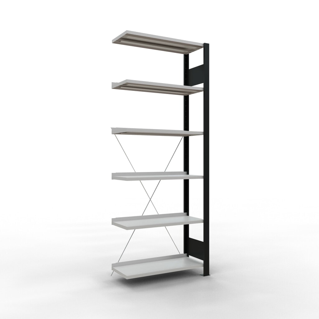 SCHULTE Aktenregal AF, einseitig, mit Endanschlägen, FL 85 kg, schwarz, HxBxT 2.000 x 750 x 300 mm Produktabbildung: SCHULTE Aktenregal AF, einseitig, mit Endanschlägen, FL 85 kg, schwarz, HxBxT 2.000 x 750 x 300 mm