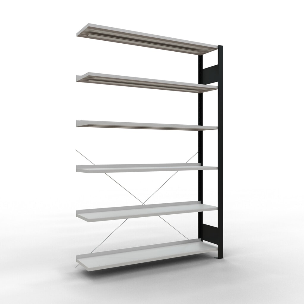 Produktabbildung: SCHULTE Aktenregal AF, einseitig, mit Endanschlägen, FL 85 kg, schwarz, HxBxT 2.000 x 1.300 x 300 mm
