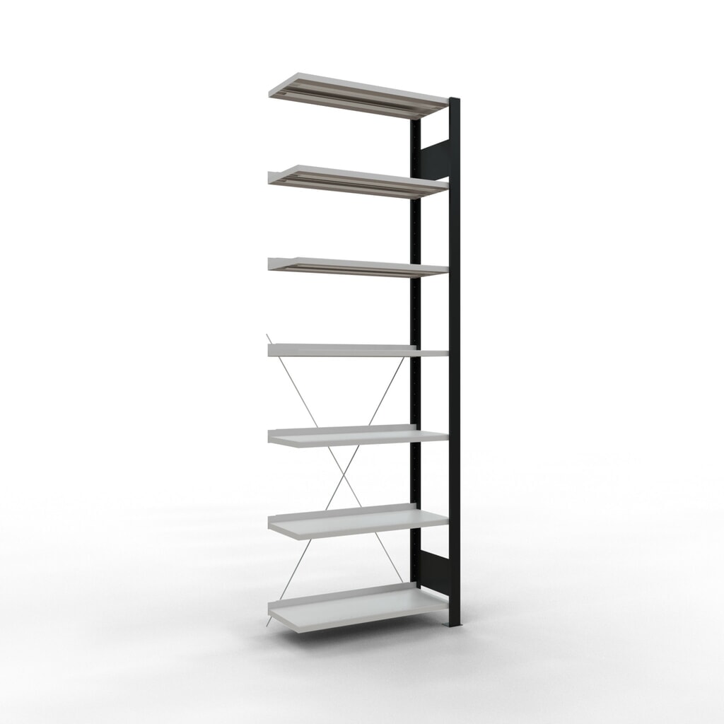 Produktabbildung: SCHULTE Aktenregal AF, einseitig, mit Endanschlägen, FL 85 kg, schwarz, HxBxT 2.300 x 750 x 300 mm