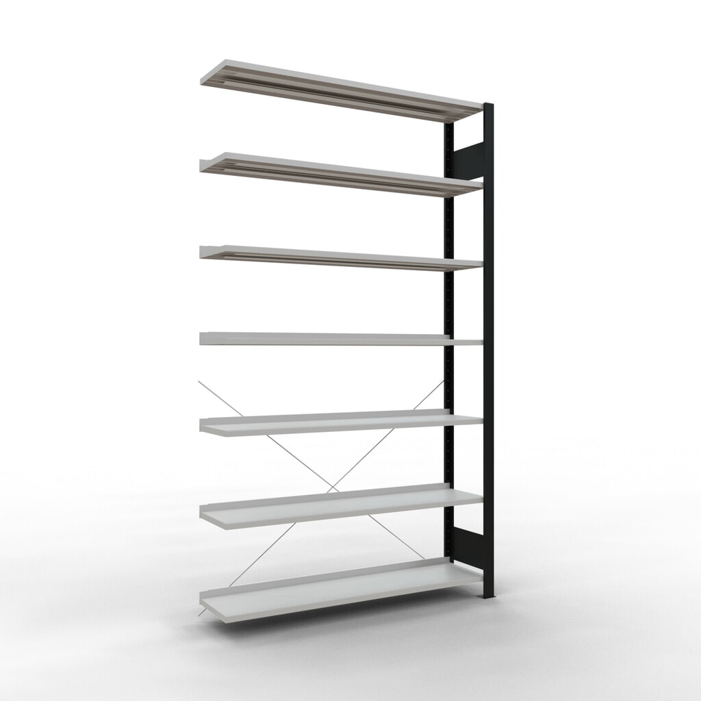 Produktabbildung: SCHULTE Aktenregal AF, einseitig, mit Endanschlägen, FL 85 kg, schwarz, HxBxT 2.300 x 1.300 x 300 mm