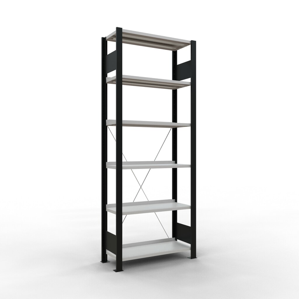 Produktabbildung: SCHULTE Aktenregal GF, einseitig, mit Endanschlägen, FL 85 kg, schwarz, HxBxT 2.000 x 750 x 300 mm