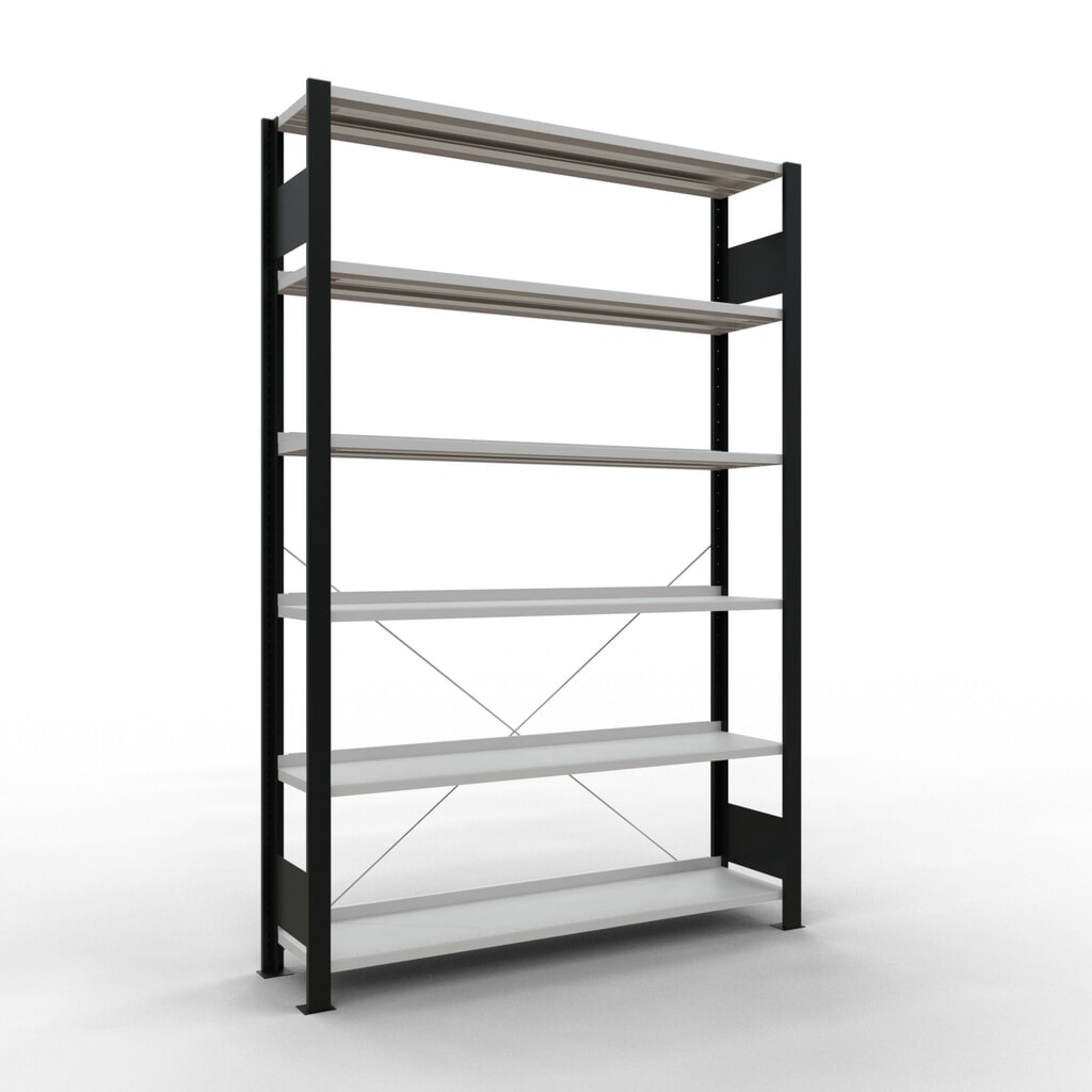 SCHULTE Aktenregal GF, einseitig, mit Endanschlägen, FL 85 kg, schwarz, HxBxT 2.000 x 1.300 x 300 mm Produktabbildung: SCHULTE Aktenregal GF, einseitig, mit Endanschlägen, FL 85 kg, schwarz, HxBxT 2.000 x 1.300 x 300 mm