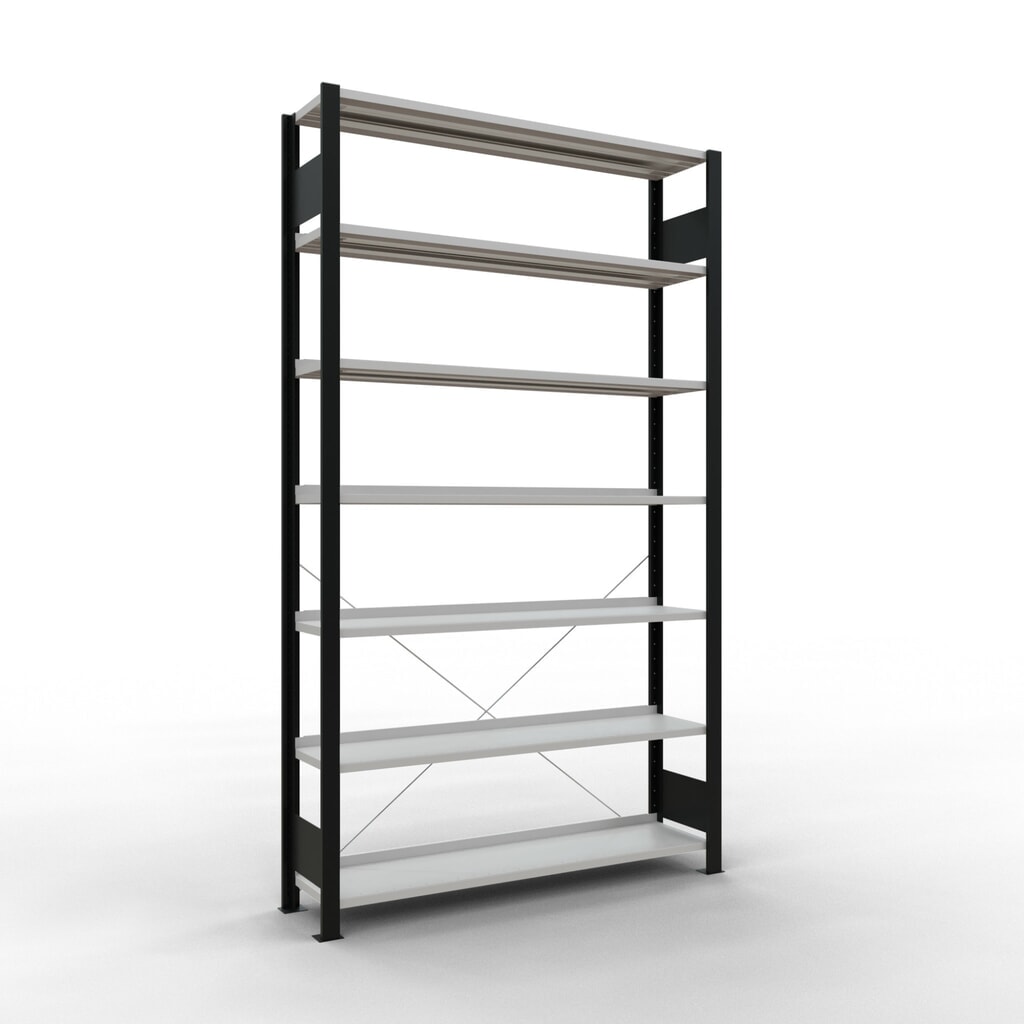 SCHULTE Aktenregal GF, einseitig, mit Endanschlägen, FL 85 kg, schwarz, HxBxT 2.300 x 1.300 x 300 mm Produktabbildung: SCHULTE Aktenregal GF, einseitig, mit Endanschlägen, FL 85 kg, schwarz, HxBxT 2.300 x 1.300 x 300 mm