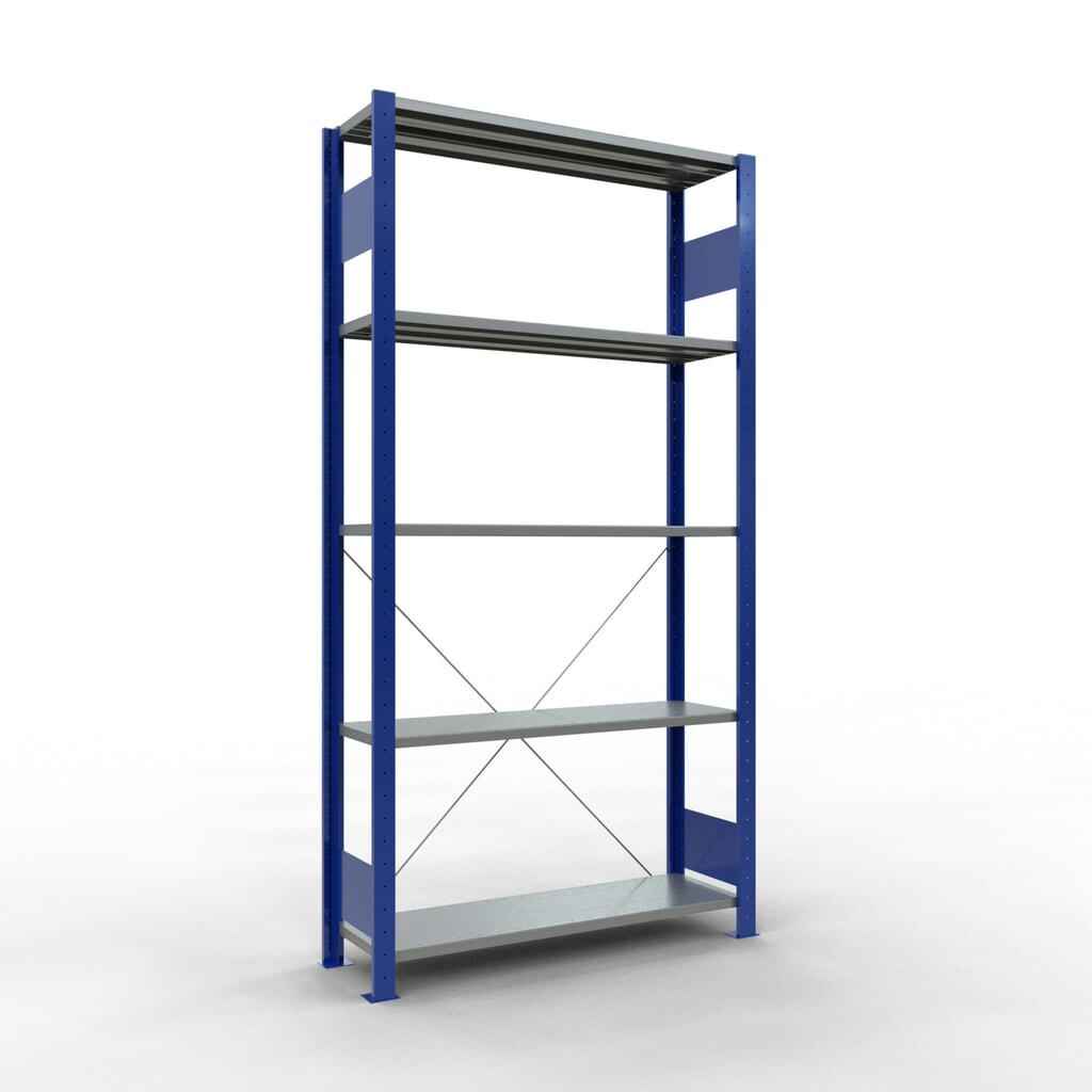 Produktabbildung Nr. 1: SCHULTE Fachbodenregal enzianblau/verzinkt mit 5 Stahlblechböden, Fachlast 150 kg, HxBxT 2.000 x 1.060 x 336 mm