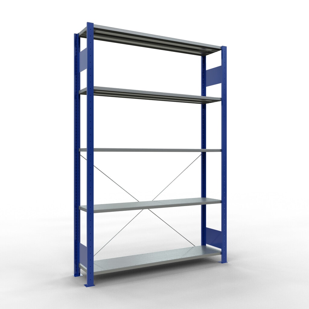Produktabbildung: SCHULTE Fachbodenregal enzianblau/verzinkt mit 5 Stahlblechböden, Fachlast 150 kg, HxBxT 2.000 x 1.360 x 336 mm