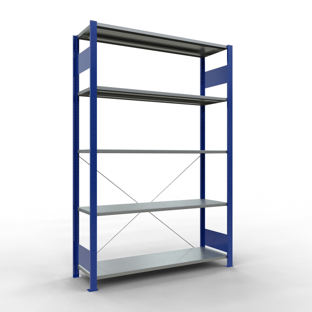 Produktabbildung: SCHULTE Fachbodenregal enzianblau/verzinkt mit 5 Stahlblechböden, Fachlast 150 kg, HxBxT 2.000 x 1.360 x 436 mm