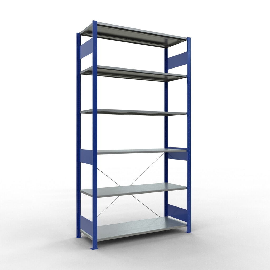 SCHULTE Fachbodenregal enzianblau/verzinkt, Fachlast 150 kg, HxBxT 2.500 x 1.360 x 536 mm Produktabbildung: SCHULTE Fachbodenregal enzianblau/verzinkt, Fachlast 150 kg, HxBxT 2.500 x 1.360 x 536 mm