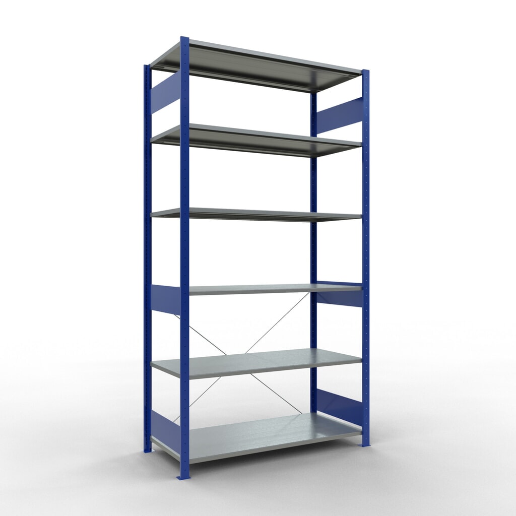SCHULTE Fachbodenregal enzianblau/verzinkt, Fachlast 150 kg, HxBxT 2.500 x 1.360 x 636 mm Produktabbildung: SCHULTE Fachbodenregal enzianblau/verzinkt, Fachlast 150 kg, HxBxT 2.500 x 1.360 x 636 mm