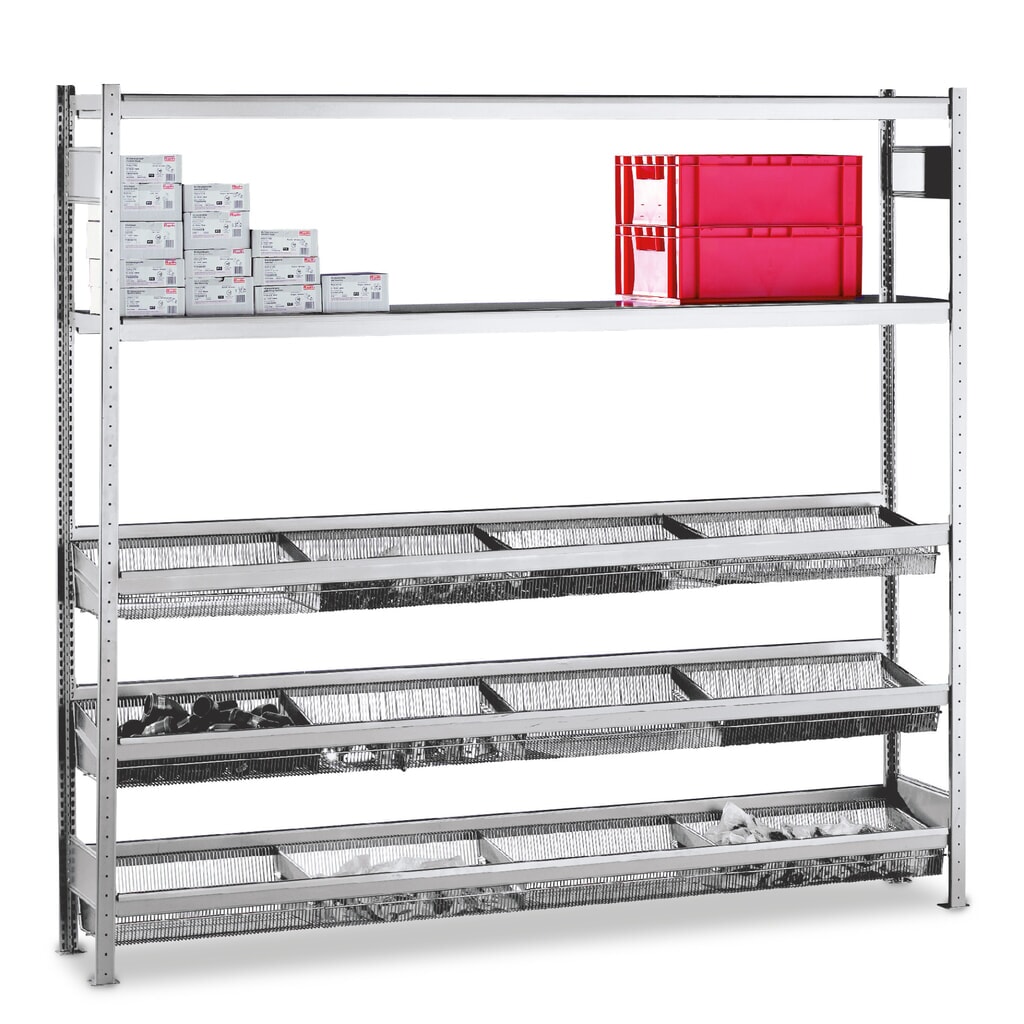 Produktabbildung: SCHULTE Fachbodenregal mit engmaschigen Körben, AF, HxBxT 2.500 x 1.500 x 400 mm, FL 400 kg