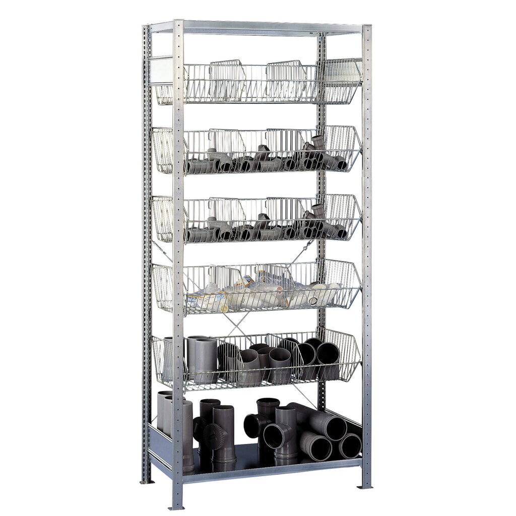 Produktabbildung: SCHULTE Fachbodenregal mit grobmaschigen Körben, GF, HxBxT 2.300 x 1.000 x 500 mm, FL 150 kg