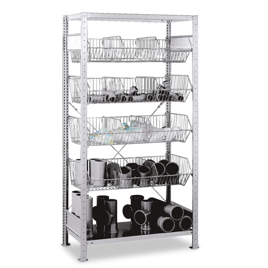 SCHULTE Fachbodenregal mit grobmaschigen Körben, GF, HxBxT 2.000 x 1.000 x 500 mm, FL 150 kg Produktabbildung: SCHULTE Fachbodenregal mit grobmaschigen Körben, GF, HxBxT 2.000 x 1.000 x 500 mm, FL 150 kg