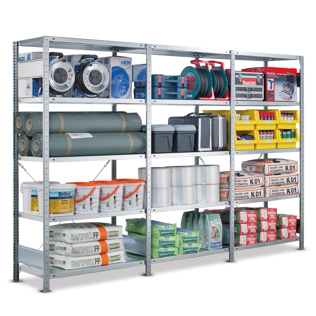 SCHULTE Komplettpaket Fachbodenregal verzinkt, Fachlast 330 kg, HxBxT 2.000 x 3.072 x 336 mm Produktabbildung: SCHULTE Komplettpaket Fachbodenregal verzinkt, Fachlast 330 kg, HxBxT 2.000 x 3.072 x 336 mm
