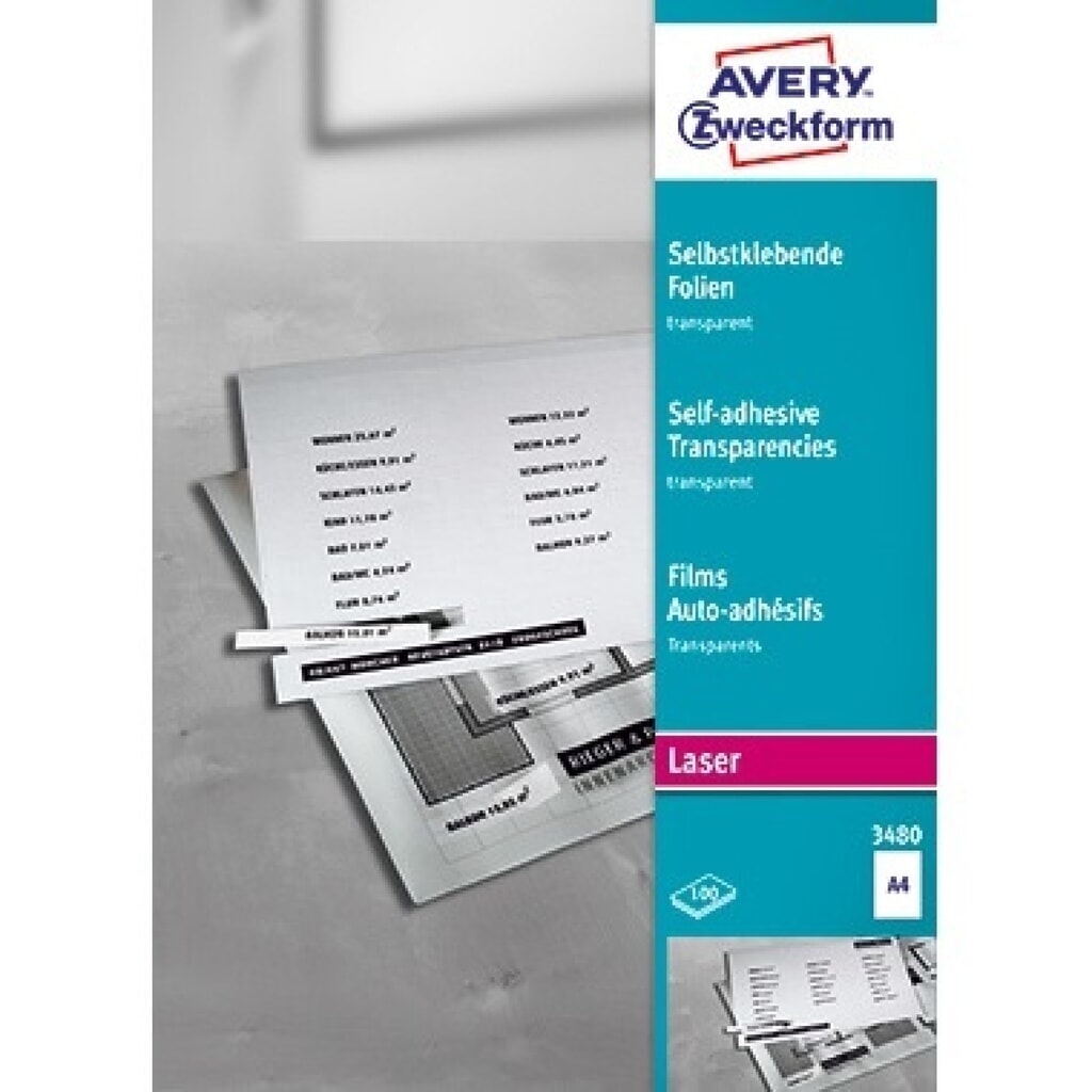 Avery Zweckform Laserfolie 3480 210x297mm transparent 100 St./Pack. Produktabbildung: Avery Zweckform Laserfolie 3480 210x297mm transparent 100 St./Pack.
