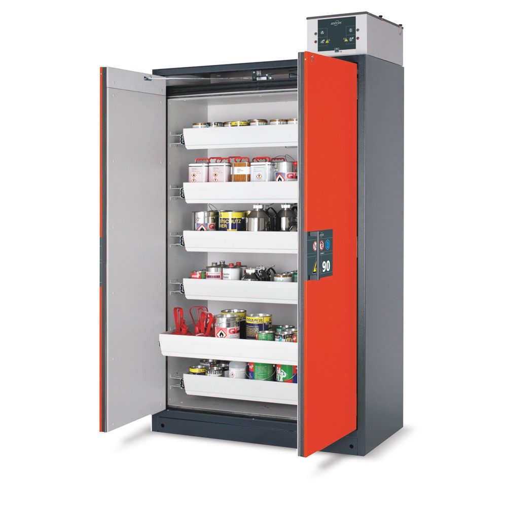 Produktabbildung: asecos® Sicherheitsschrank Q-PEGASUS/Typ 90, 4 Auszugswannen, HxBxT 1.953 x 599 x 615 mm, resedagrün