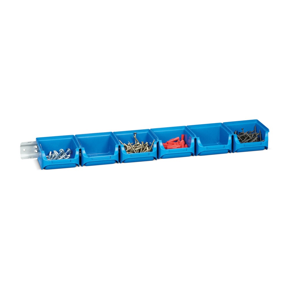 Produktabbildung: Allit Sichtlagerkasten-Set mit Halteschienen, 6 blaue Kästen Größe 1