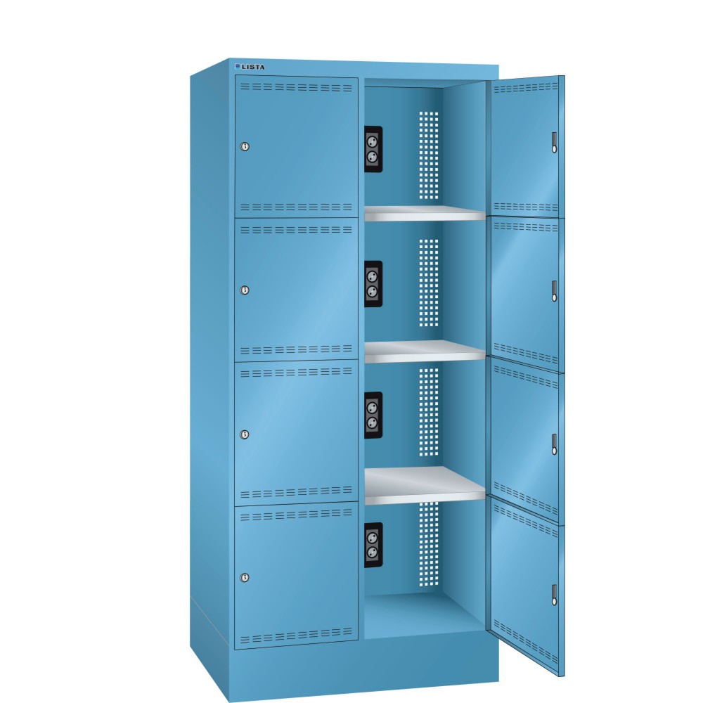 Obrázek produktu: Skříň pro nabíjení akumulátorů LISTA, (ŠxHxV) 810x585x1790 mm, 2x4 přihrádky, 1 modul v přihrádce, světle modrá