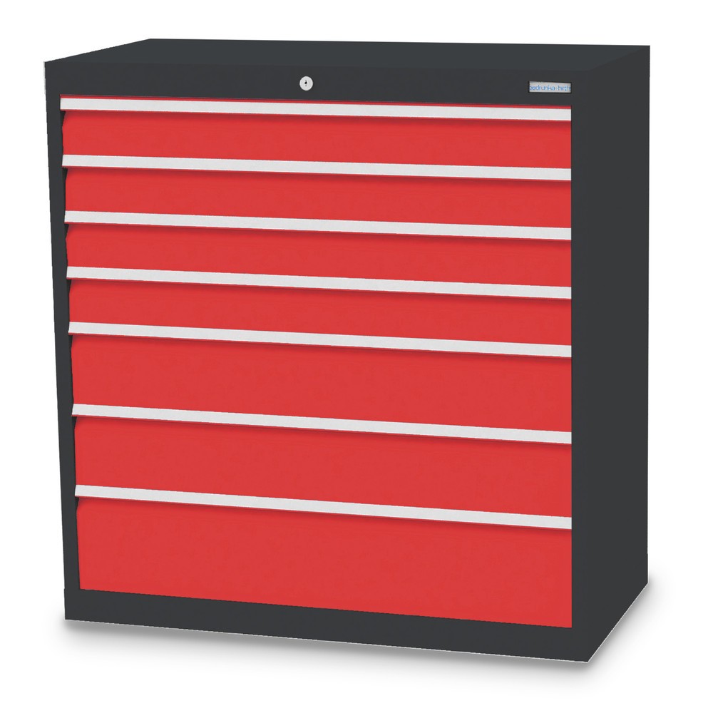 Obrázek produktu: Skříň se zásuvkami Bedrunka+Hirth Profi, zásuvky 4x100 + 2x150 + 1x200 mm, VxŠxH 1019 x 980 x 500 mm, antracitová šedá, dopravní červená