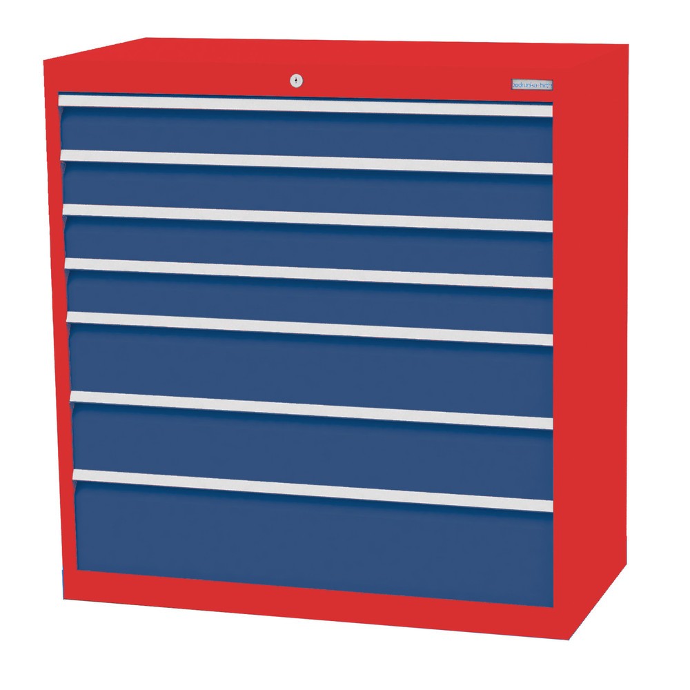 Obrázek produktu: Skříň se zásuvkami Bedrunka+Hirth Profi, zásuvky 4x100 + 2x150 + 1x200 mm, VxŠxH 1019 x 980 x 500 mm, dopravní červená, enziánová modrá