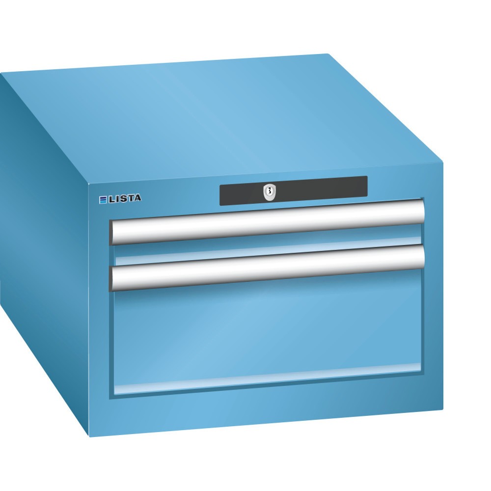 Obrázek produktu: Skříň se zásuvkami LISTA 18x27E, (ŠxHxV) 411x572x283 mm, 2 zásuvky, 1 x 50 / 1 x 150, světle modrá, KEY Lock