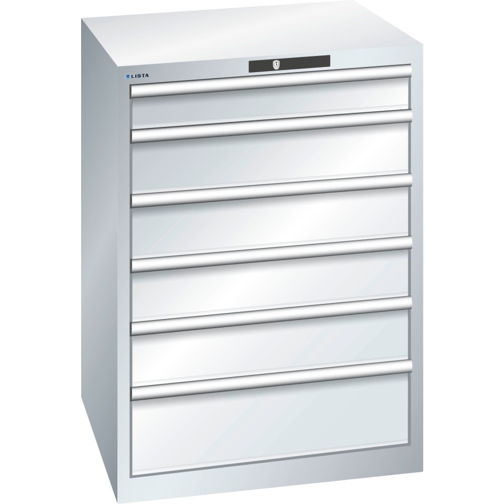Obrázek produktu: Skříň se zásuvkami LISTA 36x36E, (ŠxHxV) 717x725x1000 mm, 6 zásuvek, 1 x 100 / 4 x 150 / 1 x 200, světle šedá, KEY Lock