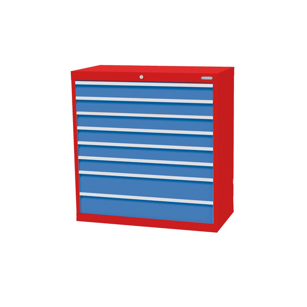 Obrázek produktu: Skříň se zásuvkami Profi Bedrunka+Hirth, zásuvky 6x100 + 2x150 mm, VxŠxH 1019 x 980 x 500 mm, dopravní červená, světle modrá