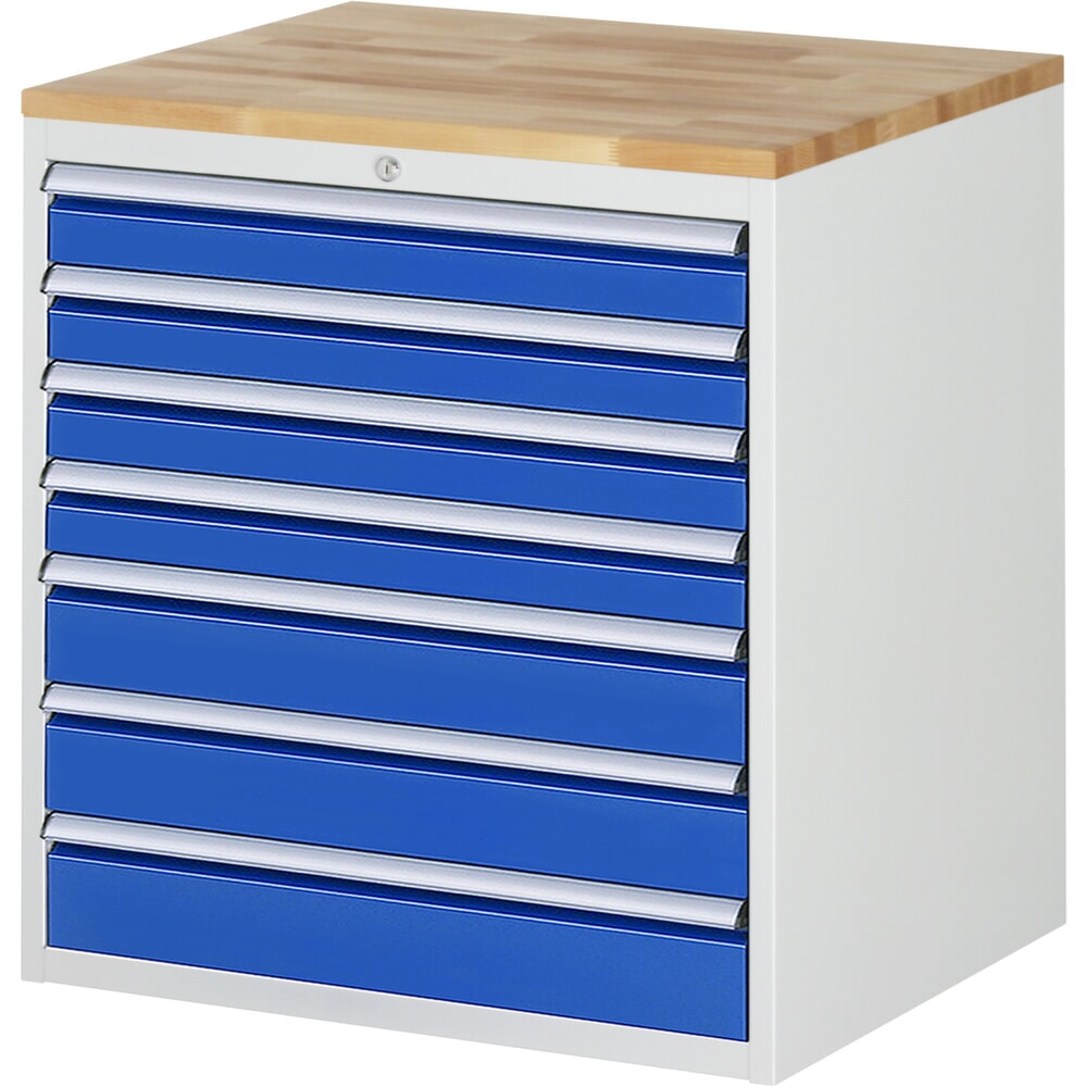 Obrázek produktu: Skříň se zásuvkami RAU řada 7000, VxŠxH 825 x 770 x 650 mm, 7x zásuvka 4 x 90, 3 x 120 mm, buková pracovní deska