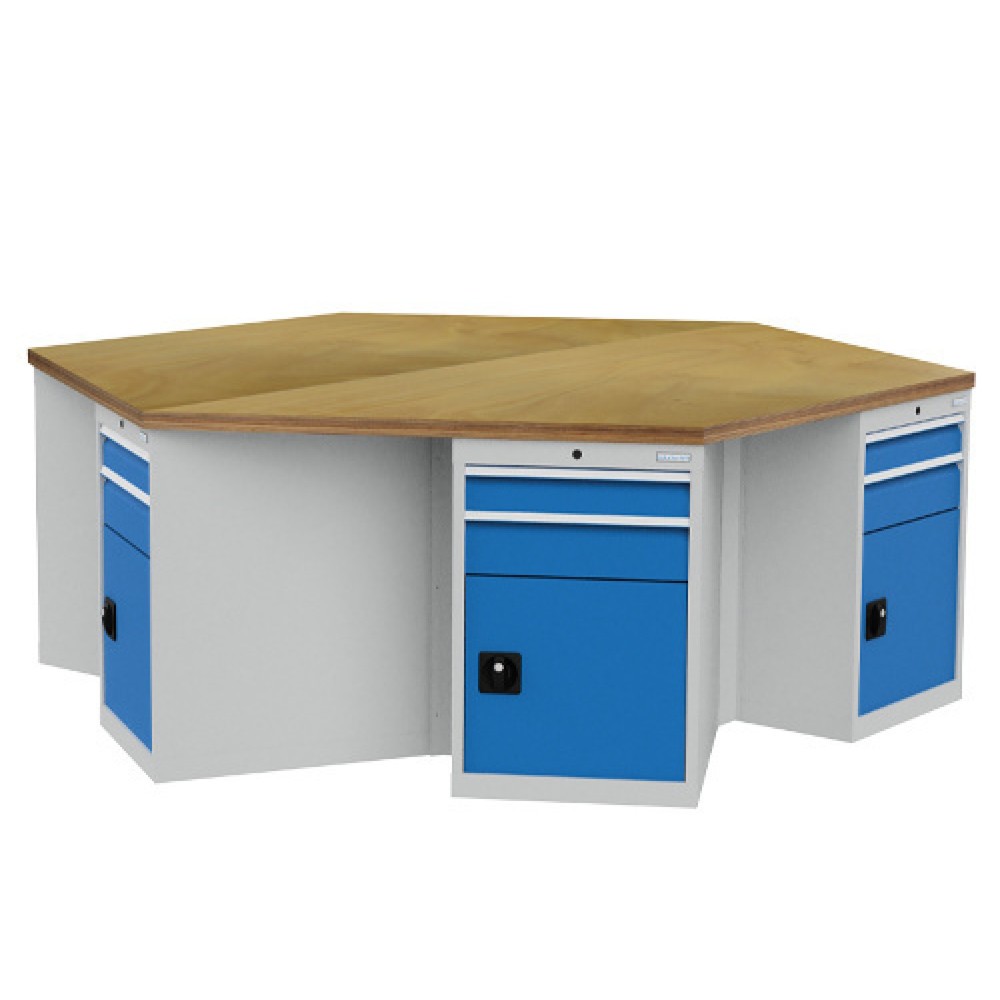 Obrázek produktu: Skupinový dílenský stůl Bedrunka+Hirth R 18-24, zásuvky 12 ks, VxŠxH 859 x 2500 x 2165 mm, světle šedá, světle modrá