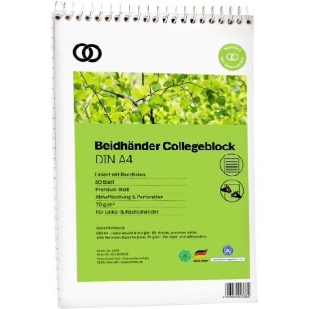 Produktabbildung: Soennecken Kopfspiralblock oeco 1255 RC A4 80Blatt liniert