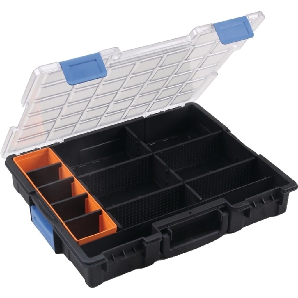 Produktabbildung: Sortimentskasten Euro Plus Pro, 12 Fächer 10 Trennstege, B440xT355xH76mm, transparent schwarz
