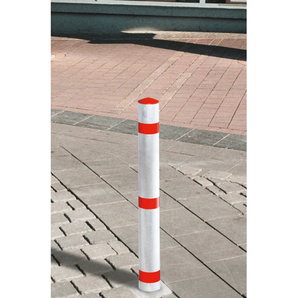 Produktabbildung: Sperrpfosten aus Aluminium, umlegbar, Rundrohr Ø 76 mm zum Aufdübeln + Feuerwehr-Dreikant, rot