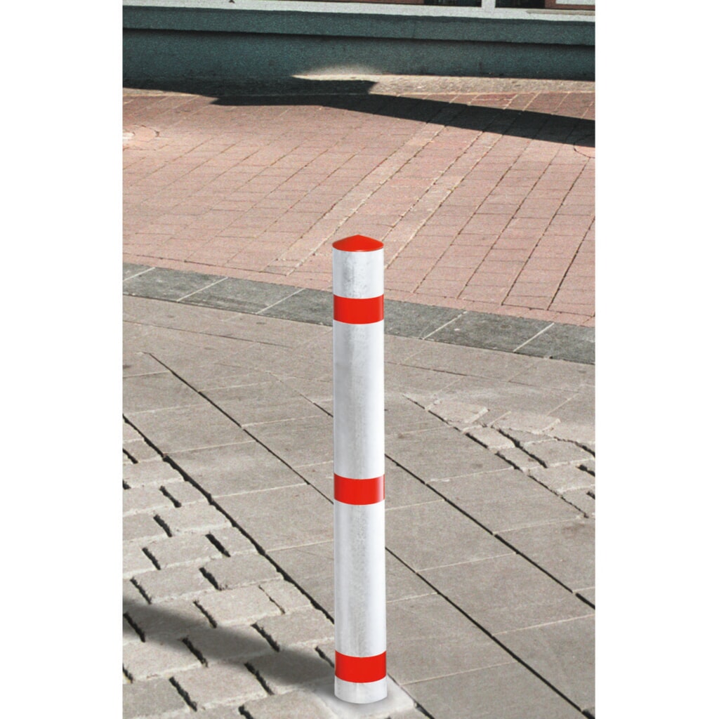 URBANUS Sperrpfosten aus Aluminium, umlegbar, Rundrohr Ø 76 mm zum Aufdübeln + Zylinderschlross, rot Produktabbildung: URBANUS Sperrpfosten aus Aluminium, umlegbar, Rundrohr Ø 76 mm zum Aufdübeln + Zylinderschlross, rot