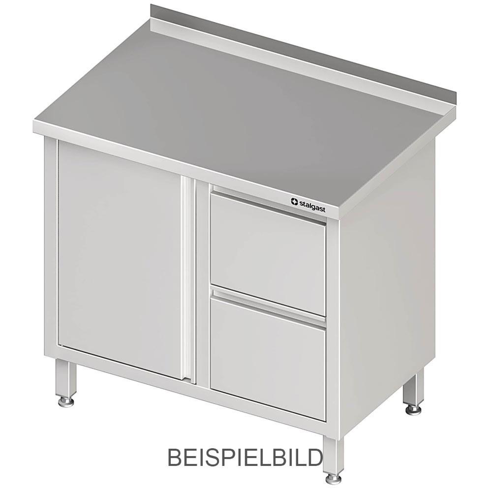 Produktabbildung: Stalgast Arbeitsschrank mit Flügeltür, 800x700x850 mm, mit 2er Schubladenblock links, ohne Aufkantung, verschweißt