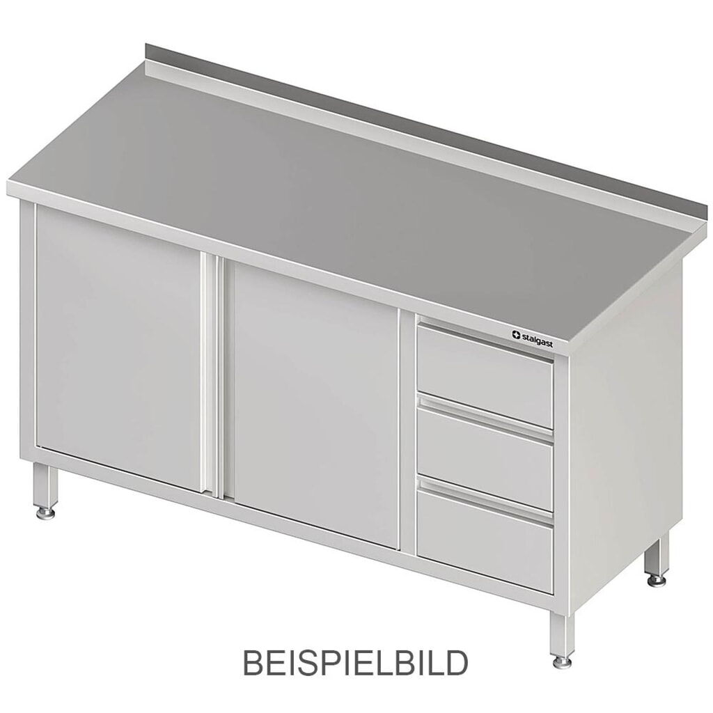 Produktabbildung: Stalgast Arbeitsschrank mit Flügeltüren, 1100x600x850 mm, mit 3er Schubladenblock rechts, ohne Aufkantung, verschweißt
