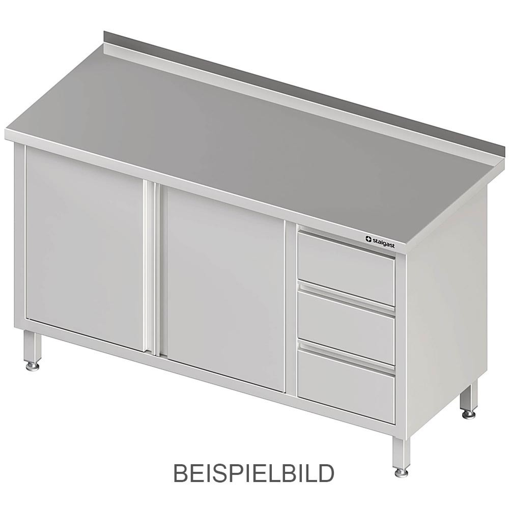 Produktabbildung: Stalgast Arbeitsschrank mit Flügeltüren, 1100x600x850 mm, mit 3er Schubladenblock links, mit Aufkantung, verschweißt