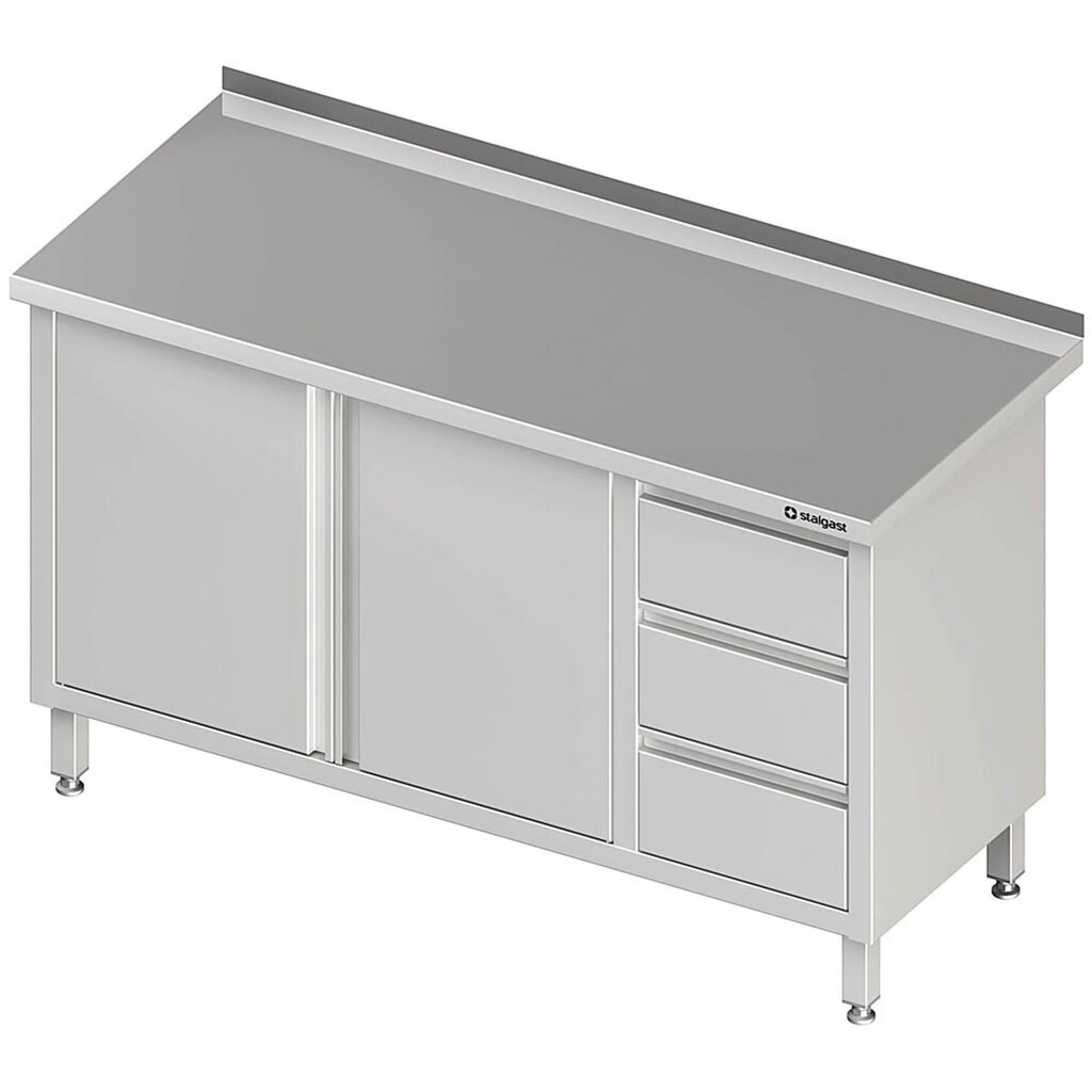 Produktabbildung: Stalgast Arbeitsschrank mit Flügeltüren, 1100x600x850 mm, mit 3er Schubladenblock rechts, mit Aufkantung, verschweißt