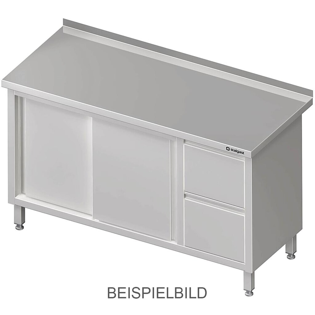 Produktabbildung: Stalgast Arbeitsschrank mit Schiebetüren, 1200x600x850 mm, mit 2er Schubladenblock links, mit Aufkantung, verschweißt