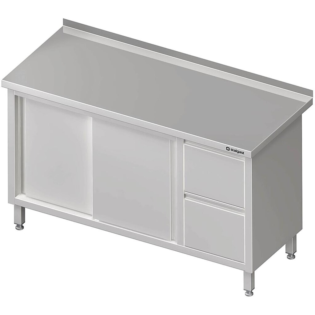 Produktabbildung: Stalgast Arbeitsschrank mit Schiebetüren, 1200x600x850 mm, mit 2er Schubladenblock rechts, mit Aufkantung, verschweißt