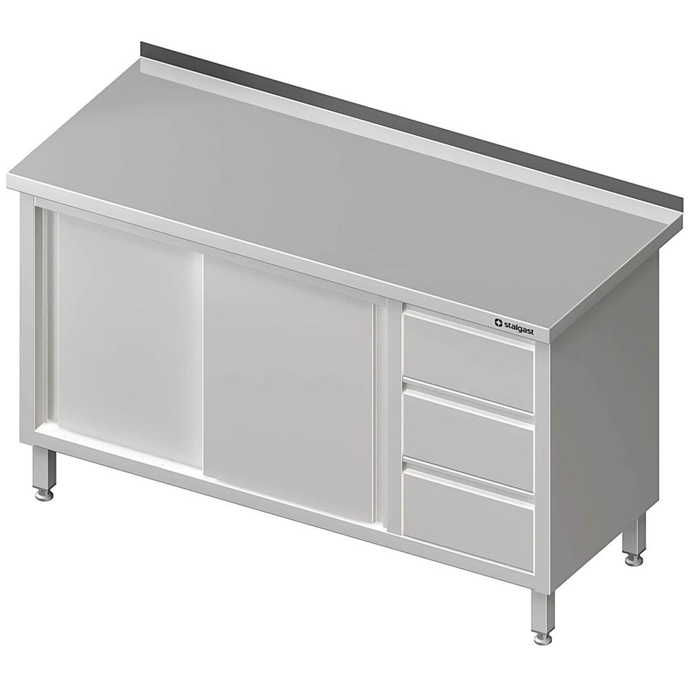 Produktabbildung: Stalgast Arbeitsschrank mit Schiebetüren, 1400x600x850 mm, mit 3er Schubladenblock rechts, mit Aufkantung, verschweißt
