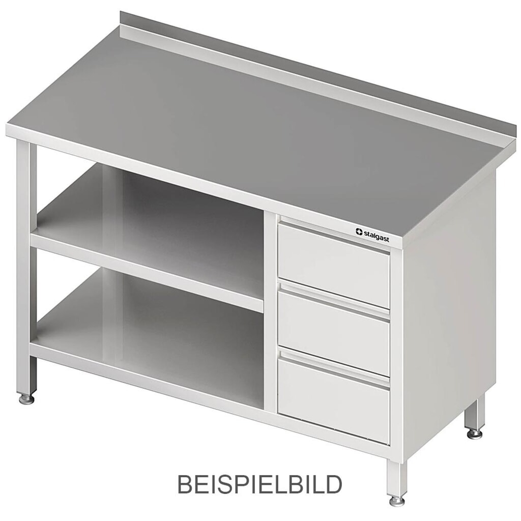 Produktabbildung: Stalgast Arbeitstisch mit Grund- und Zwischenboden, 800x600x850 mm, mit 3er Schubladenblock links, mit Aufkantung, verschweißt