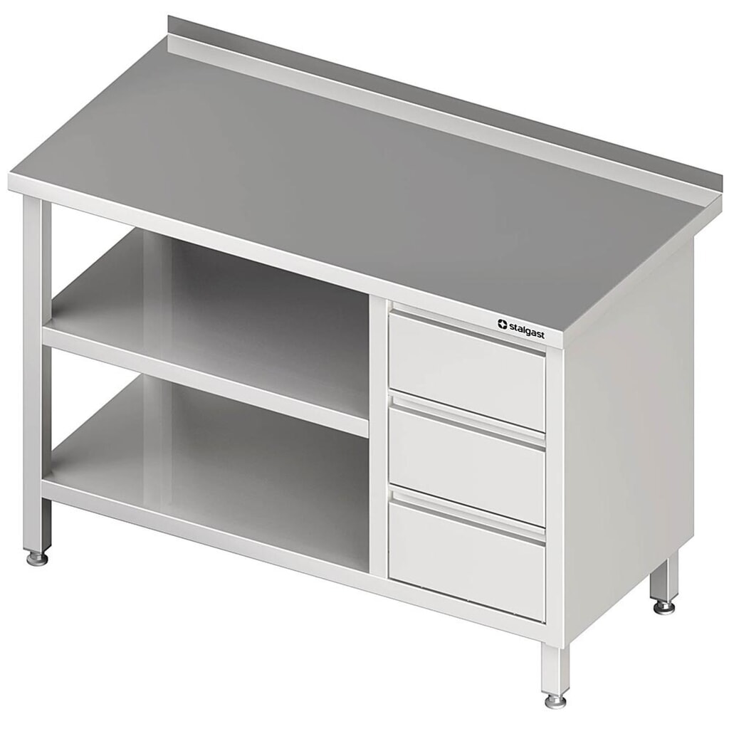 Stalgast Arbeitstisch mit Grund- und Zwischenboden, 800x600x850 mm, mit 3er Schubladenblock rechts, mit Aufkantung, verschweißt Produktabbildung: Stalgast Arbeitstisch mit Grund- und Zwischenboden, 800x600x850 mm, mit 3er Schubladenblock rechts, mit Aufkantung, verschweißt