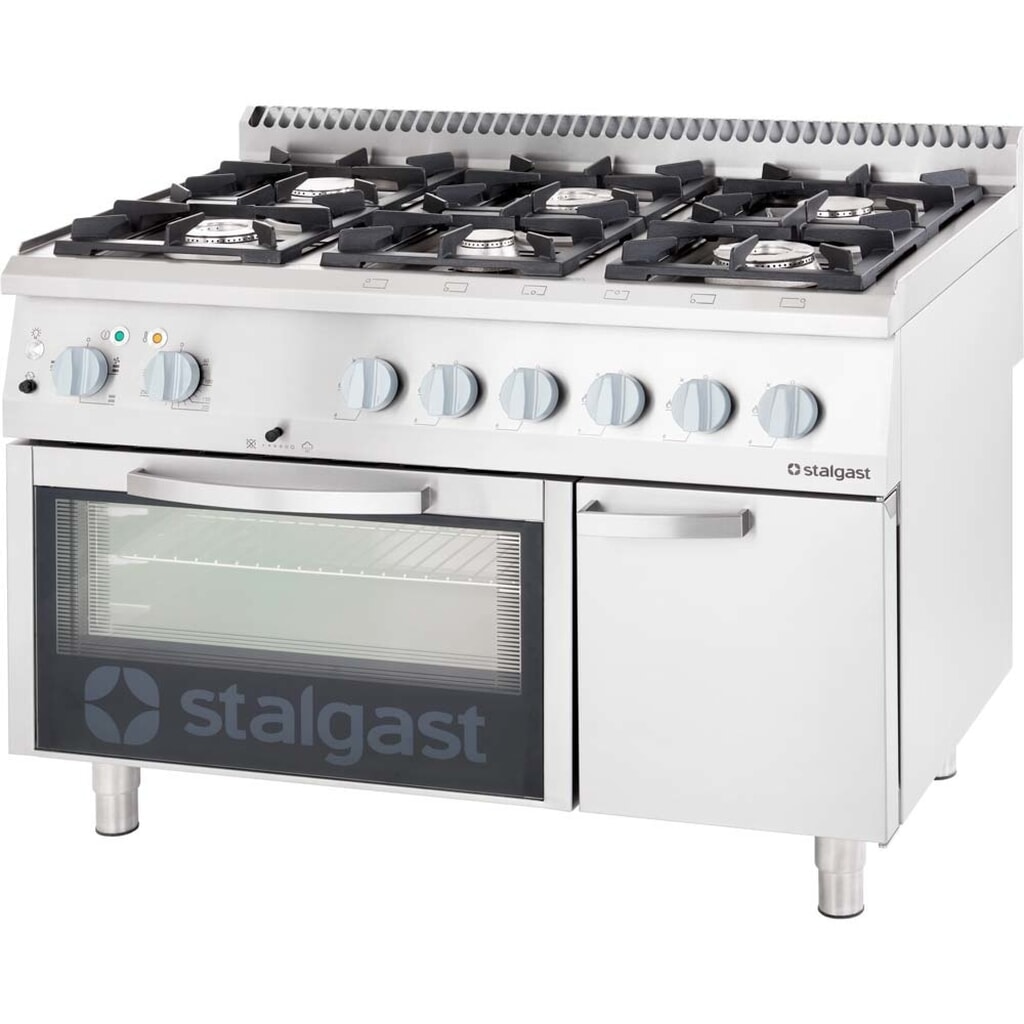 Produktabbildung: Stalgast Gasherd mit 6 Brennern (3,5+2x5+2x7+9), Elektro-Umluft-Backofen GN1/1 und Unterschrank, Serie 700 ND