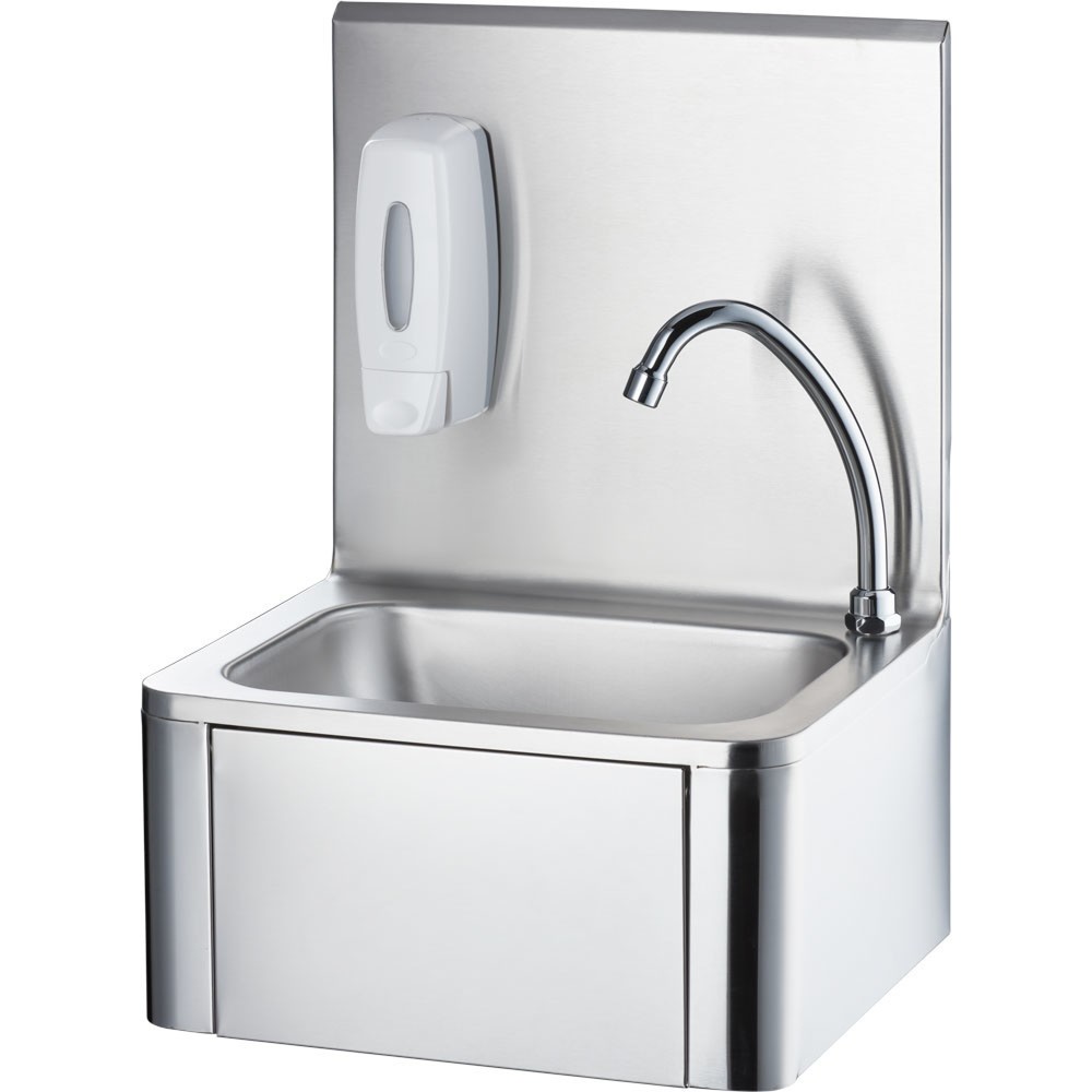 Produktabbildung Nr. 1: Stalgast Handwaschbecken mit Kniebedienung, inkl. Armatur und Seifenspender, Wandmontage, 400 mm x 330 mm x 570 mm (BxTxH)