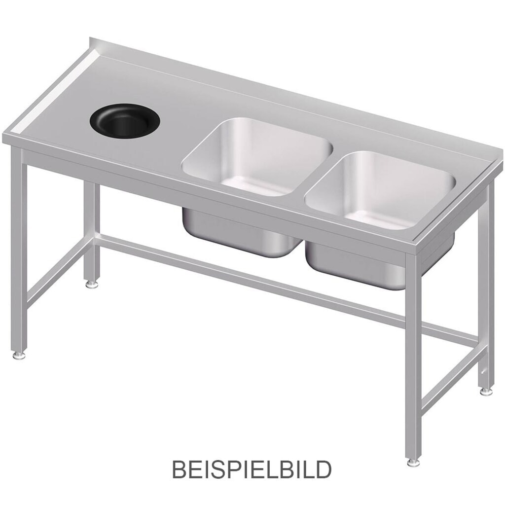 Stalgast Spültisch ohne Grundboden, mit Abfallloch, 1400x600x850 mm, mit zwei Becken links, mit Aufkantung, verschweißt Produktabbildung: Stalgast Spültisch ohne Grundboden, mit Abfallloch, 1400x600x850 mm, mit zwei Becken links, mit Aufkantung, verschweißt