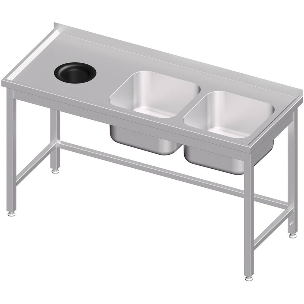 Stalgast Spültisch ohne Grundboden, mit Abfallloch, 1400x600x850 mm, mit zwei Becken rechts, mit Aufkantung, verschweißt Produktabbildung: Stalgast Spültisch ohne Grundboden, mit Abfallloch, 1400x600x850 mm, mit zwei Becken rechts, mit Aufkantung, verschweißt