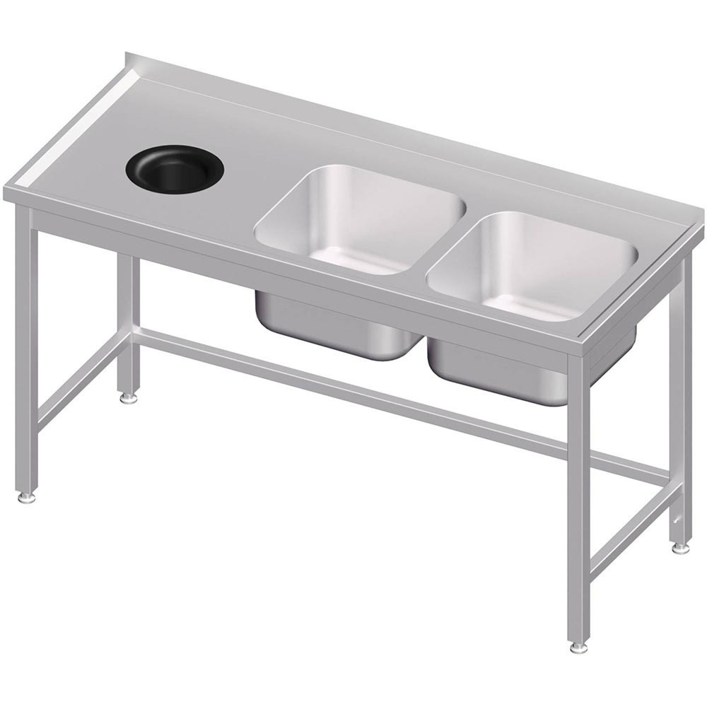 Produktabbildung: Stalgast Spültisch ohne Grundboden, mit Abfallloch, 1600x600x850 mm, mit zwei Becken rechts, mit Aufkantung, verschweißt