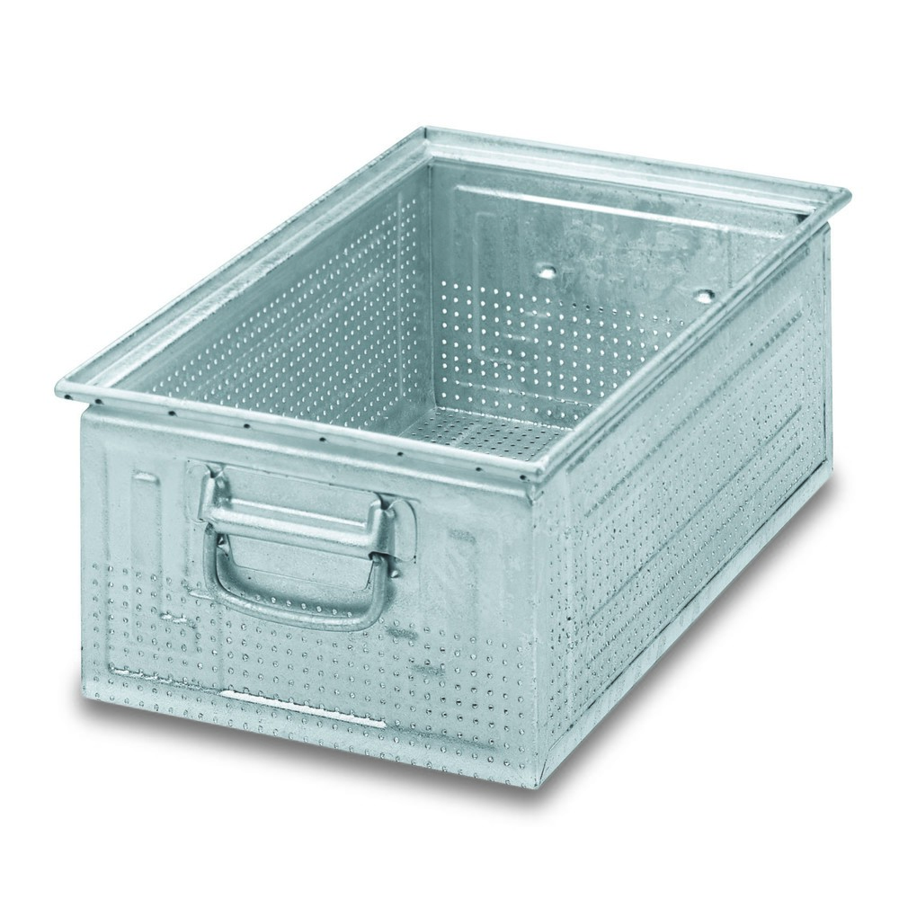 Produktabbildung: Stapelkasten aus Stahlblech, mit feiner Lochung Ø 3 mm, HxBxT 150 x 300 x 200 mm