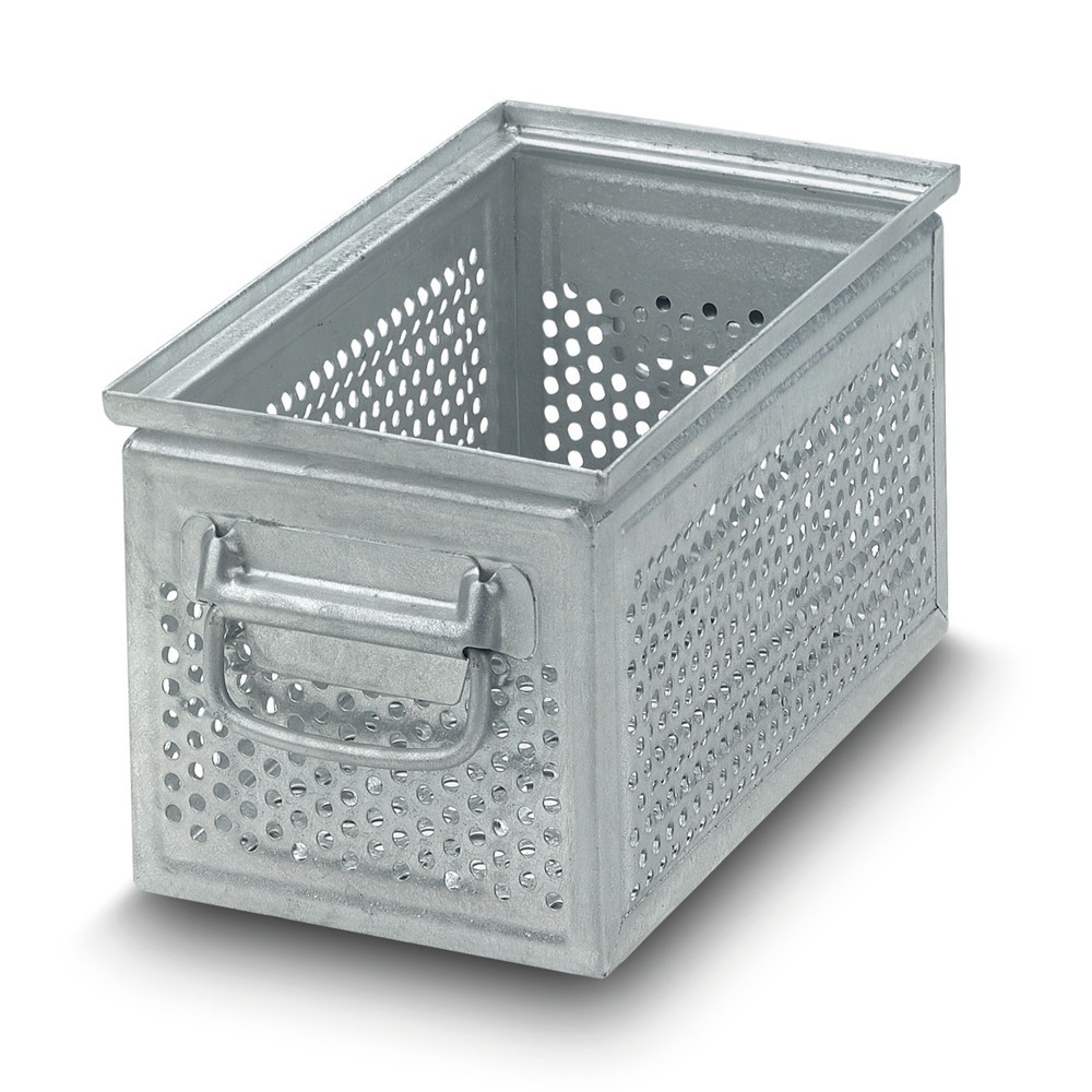 Produktabbildung: Stapelkasten aus Stahlblech, mit grober Lochung Ø 7 mm, HxBxT 150 x 300 x 200 mm