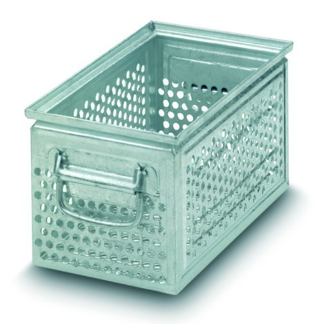 Produktabbildung Nr. 1: Drehstapelbehälter aus Stahlblech, mit grober Lochung Ø 10 mm, HxBxT 200 x 450 x 300 mm
