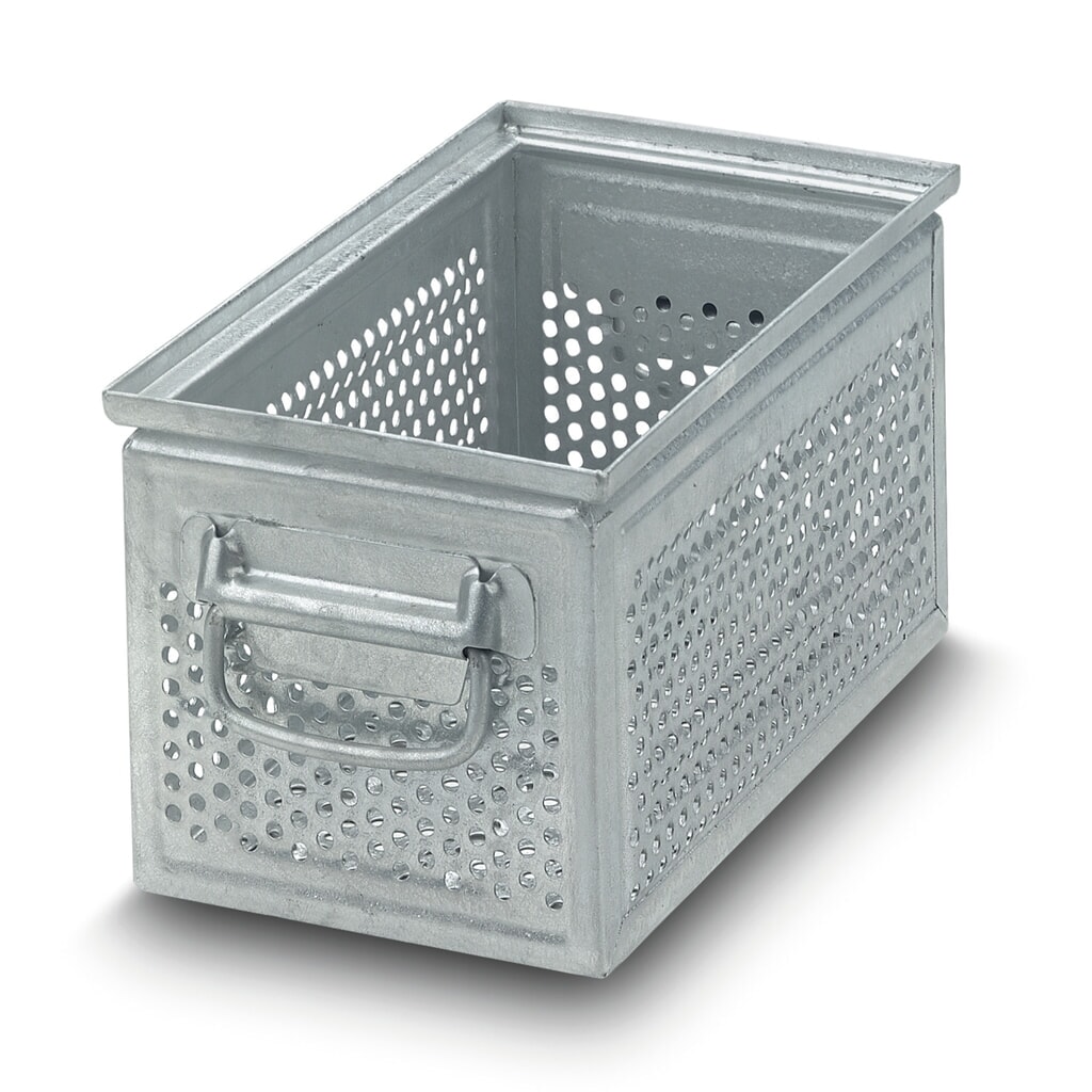 Drehstapelbehälter aus Stahlblech, mit grober Lochung Ø 7 mm, HxBxT 150 x 300 x 200 mm Produktabbildung Nr. 1: Drehstapelbehälter aus Stahlblech, mit grober Lochung Ø 7 mm, HxBxT 150 x 300 x 200 mm