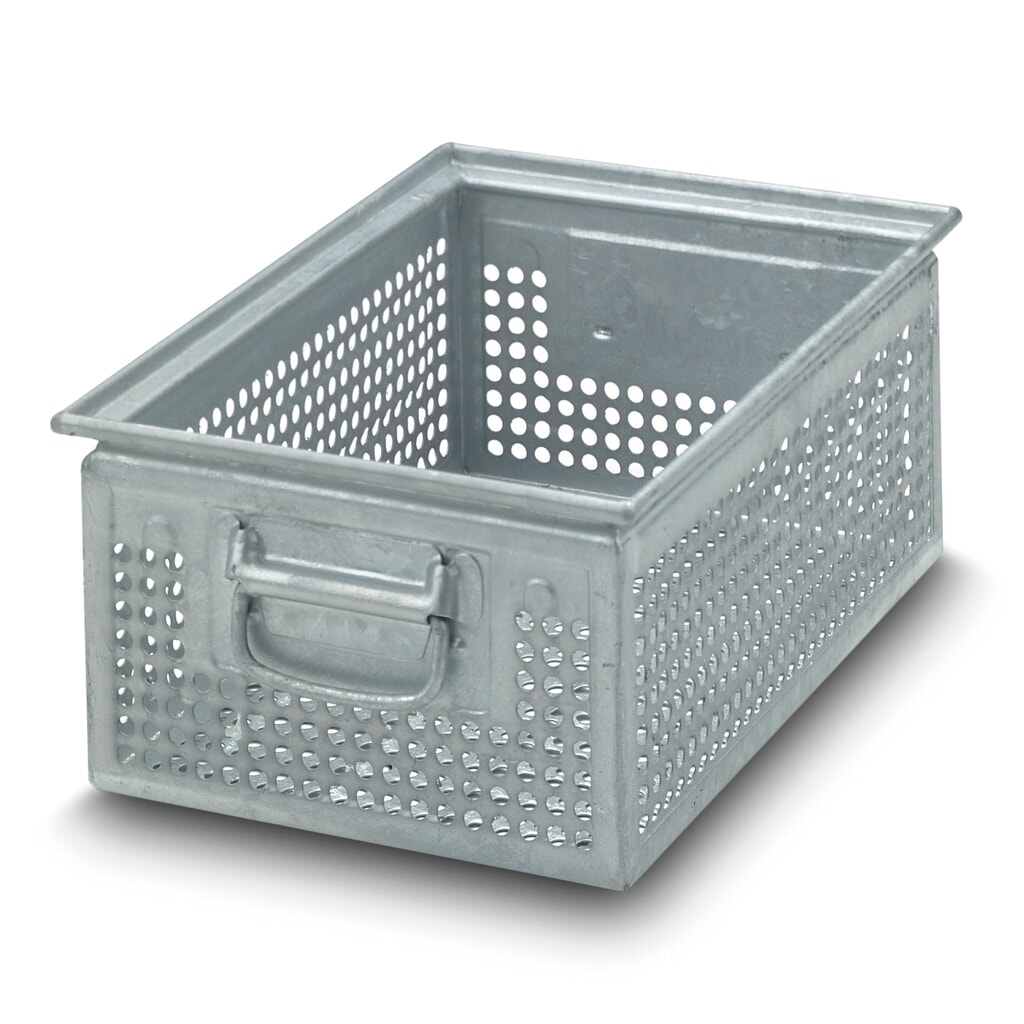 Produktabbildung Nr. 2: Drehstapelbehälter aus Stahlblech, mit grober Lochung Ø 7 mm, HxBxT 150 x 300 x 200 mm